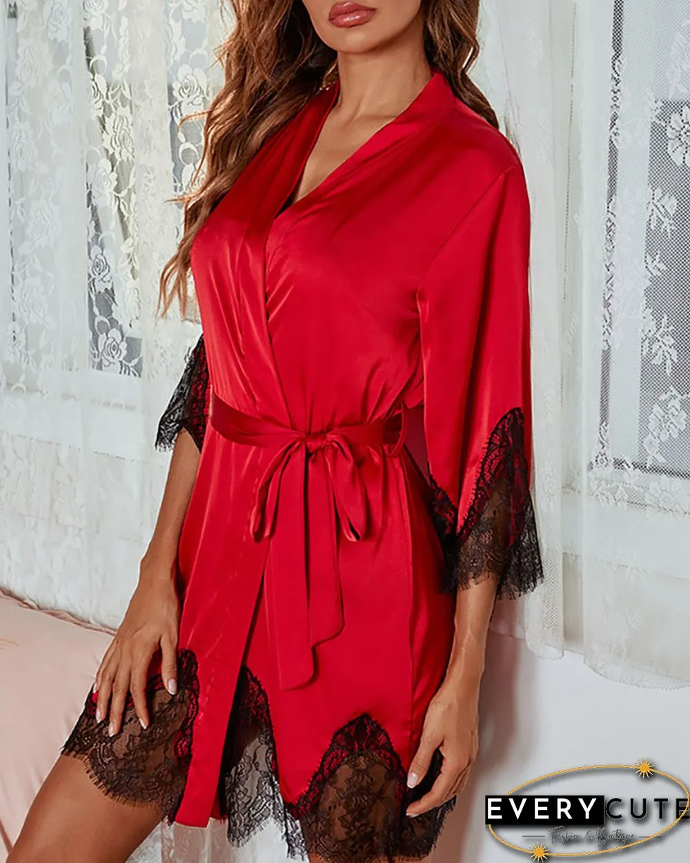 Satin Eyelash Lace Tied Detail Cami Set With Robe