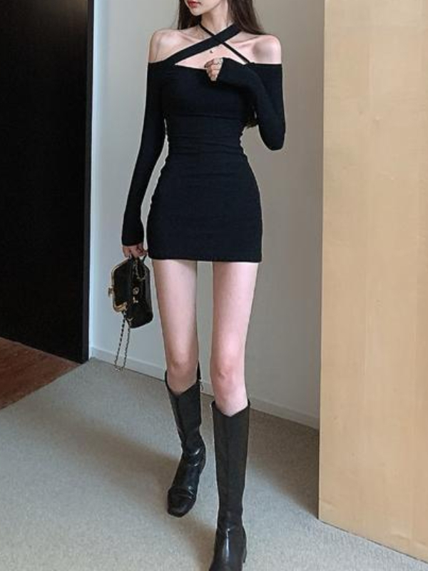Solid Color Off The Shoulder Halter Bodycon Dress