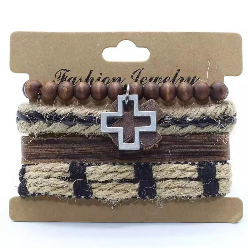 Four-Piece Card Punk Hardware Woven Bracelet Leather Bracelet Multi-Layer Suit Cross Retro Ornament Men's