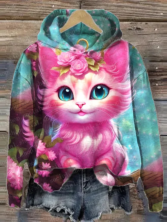 Women's Pink Cat Print Loose Hooded Sweatshirt socialshop