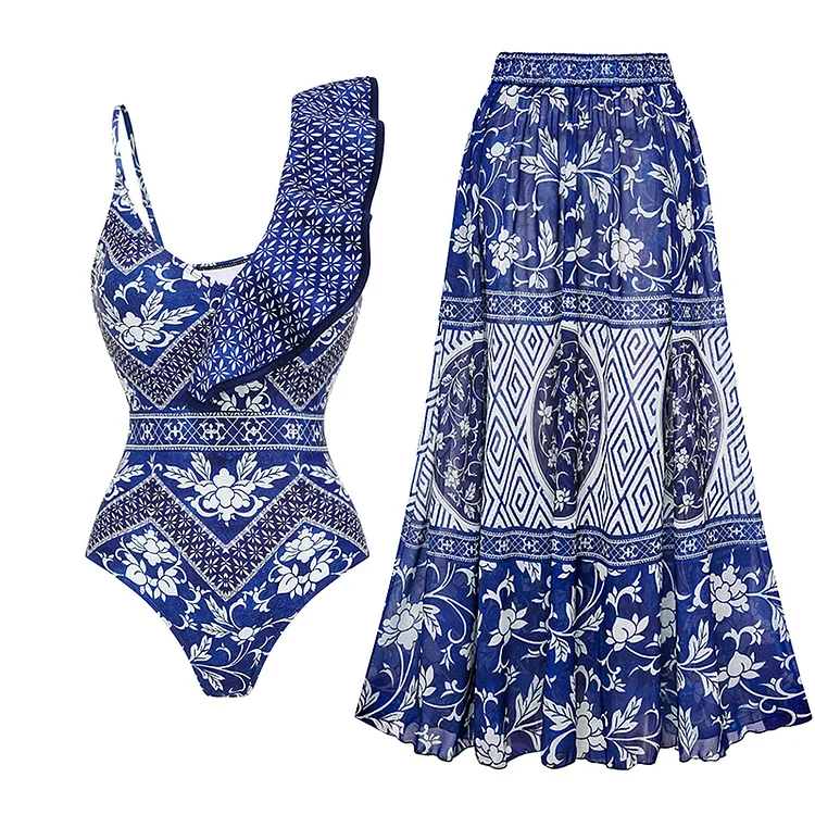 Asymmetrical Ruffle Printed One Piece Swimsuit and Skirt Flaxmaker