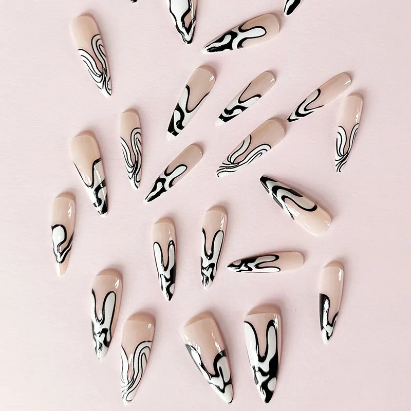 Churchf Churchf Long Pointed Sweet Black And White French Line Dairy Nail Piece Wearable Fake Nail Products Can Be Removed