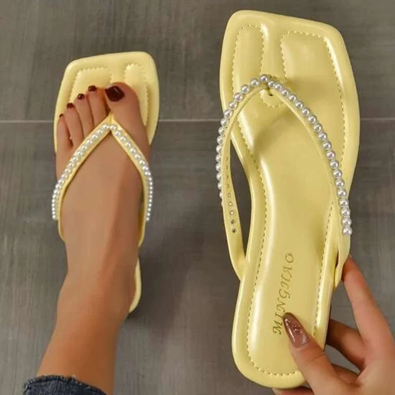 Fashionable Thong Flip-flops Sandals Women Faux Pearl Decor Design Flat Sandals 2023 Summer New Casual Women Slippers Shoes
