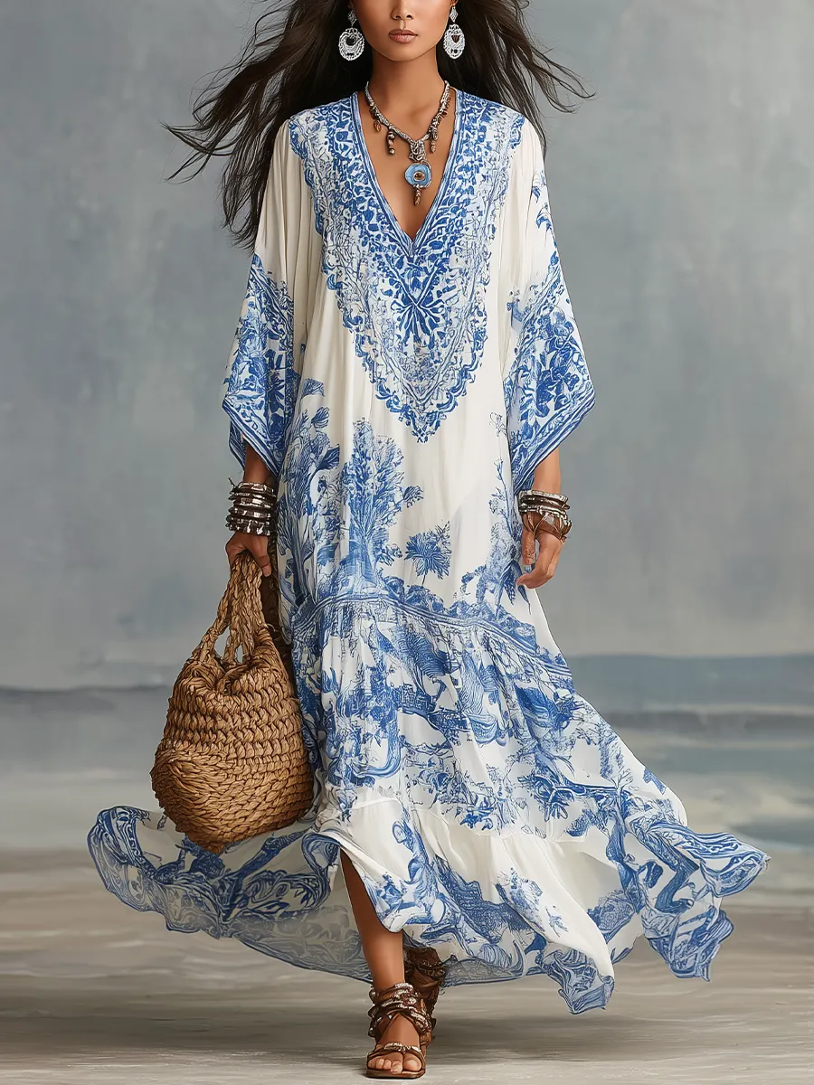Refined Blue Porcelain Print V-Neck Kaftan Dress mysite idetrend