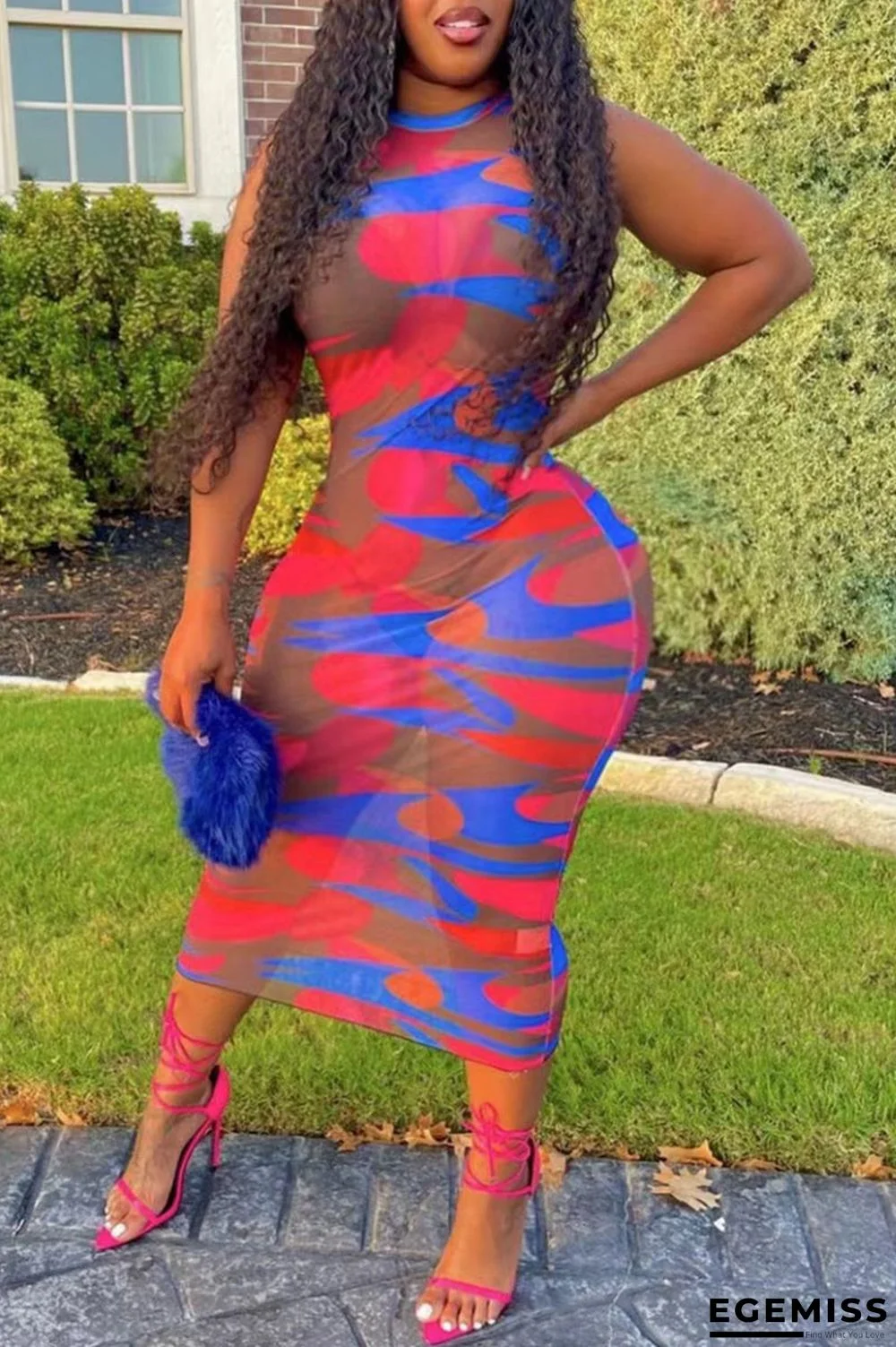 Red Fashion Sexy Print See-through O Neck Sleeveless Dress Dresses | EGEMISS