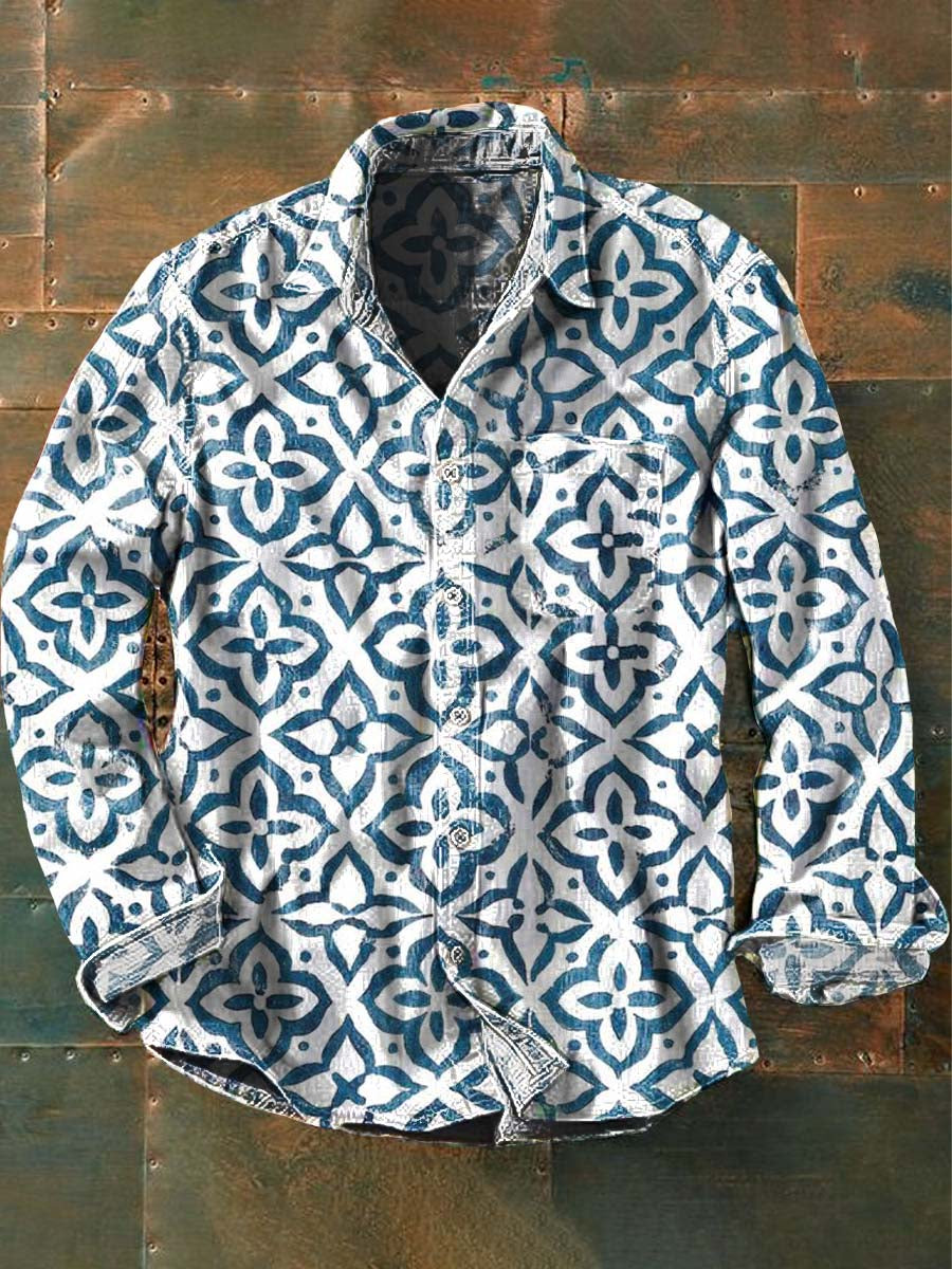 Men's Vintage Floral Print Casual Lapel Long Sleeve Shirt