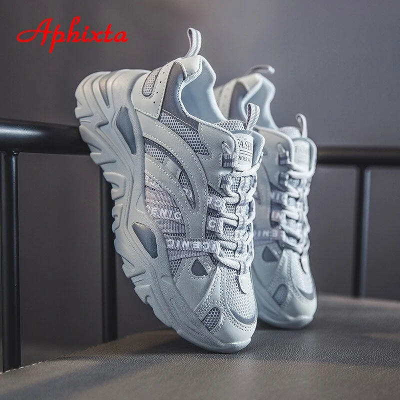 Aphixta 6.5cm Heels Breathable Air Mesh Sneakers For Women 2020 Fahion Gray Shoes Leisure Chunky Women Shoes Tenis Big Size 41