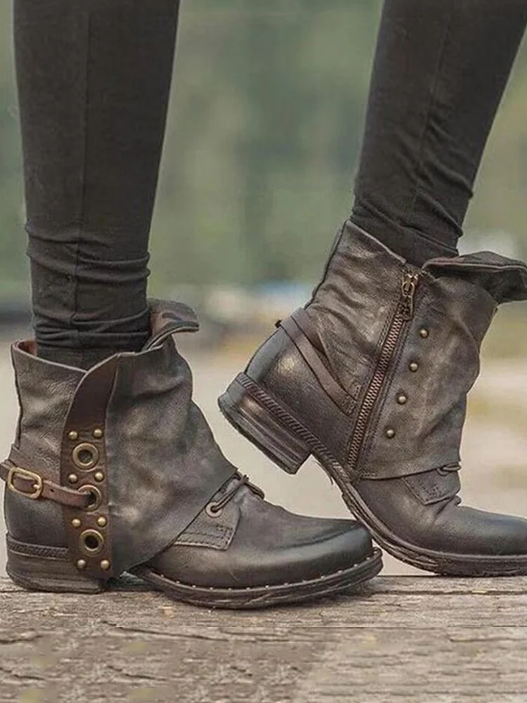 Vintage Studded Patch Buckle Ankle Boots
