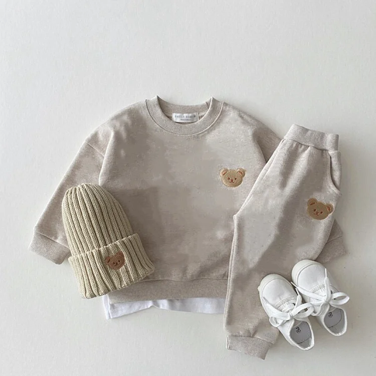 Toddler Boy/Girl Solid Color Embroidered Bear Pullover Sweatshirt and Casual Pants Set