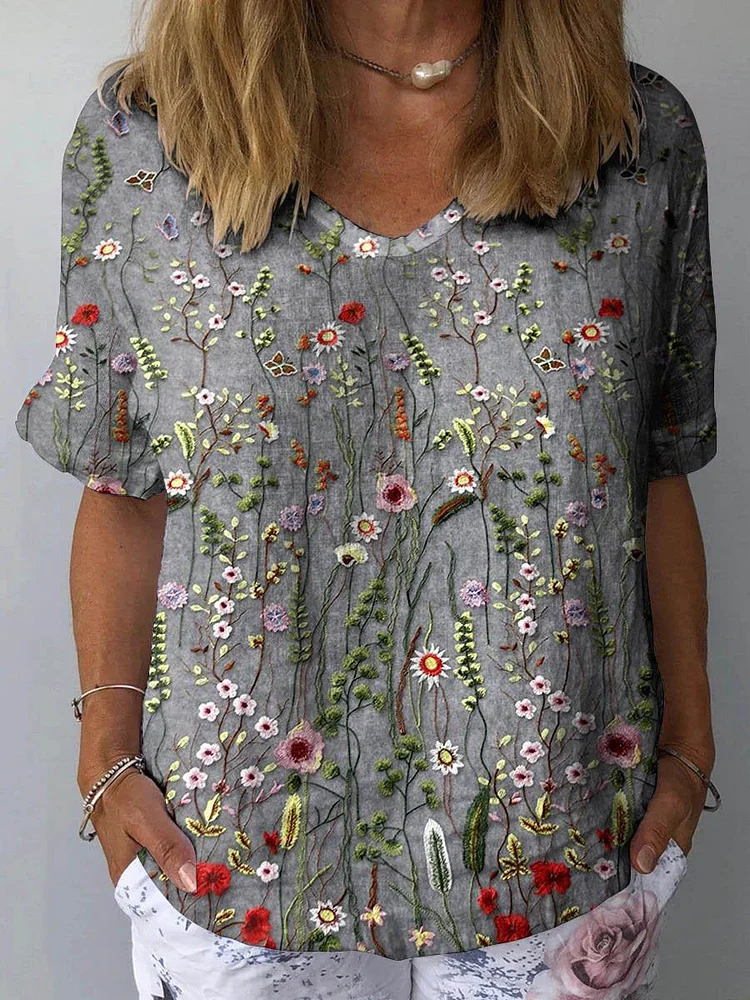Women's Vintage Floral Art Print Casual Cotton And Linen Shirt