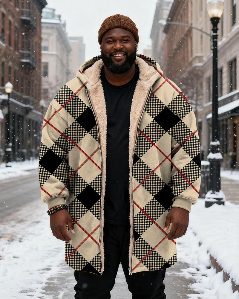 Big & Tall Men's Black Khaka Plaid Printed Velvet Padded Long Hooded Coat