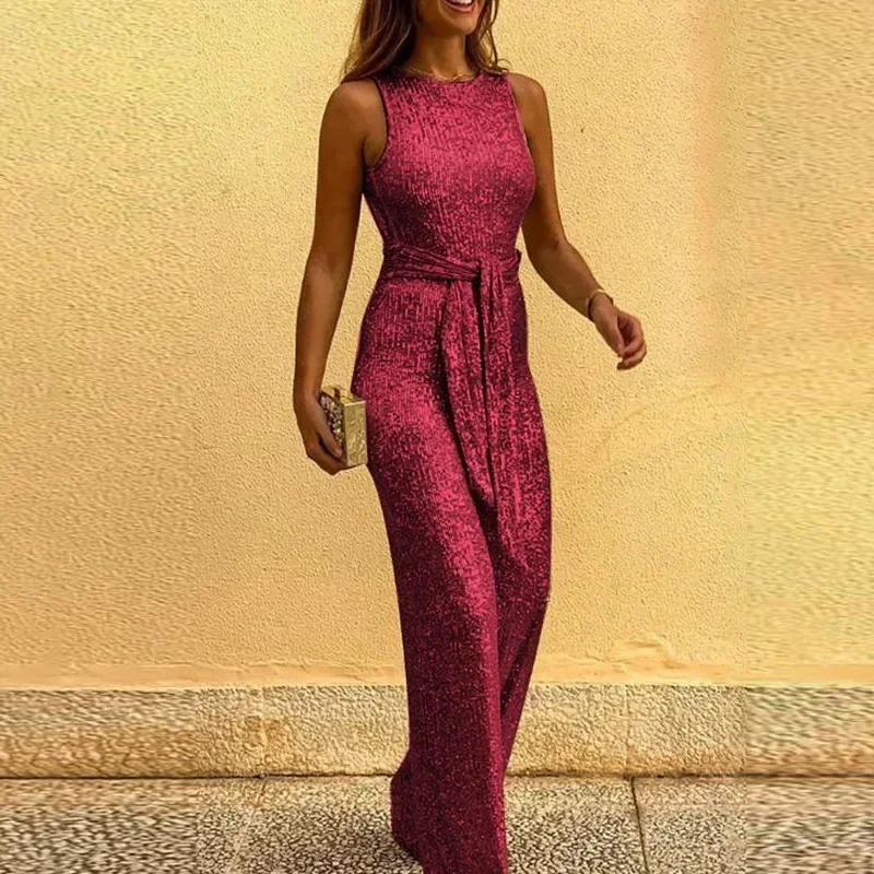 Women's Sexy Chic Sequin Open Back High Waist Slim Sleeveless Evening Party Jumpsuits