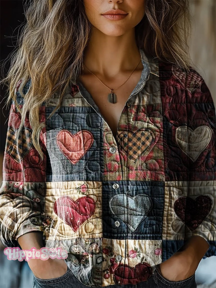 Heart Print Casual Long Sleeve Comfortable Cotton Shirt Multicolor / S