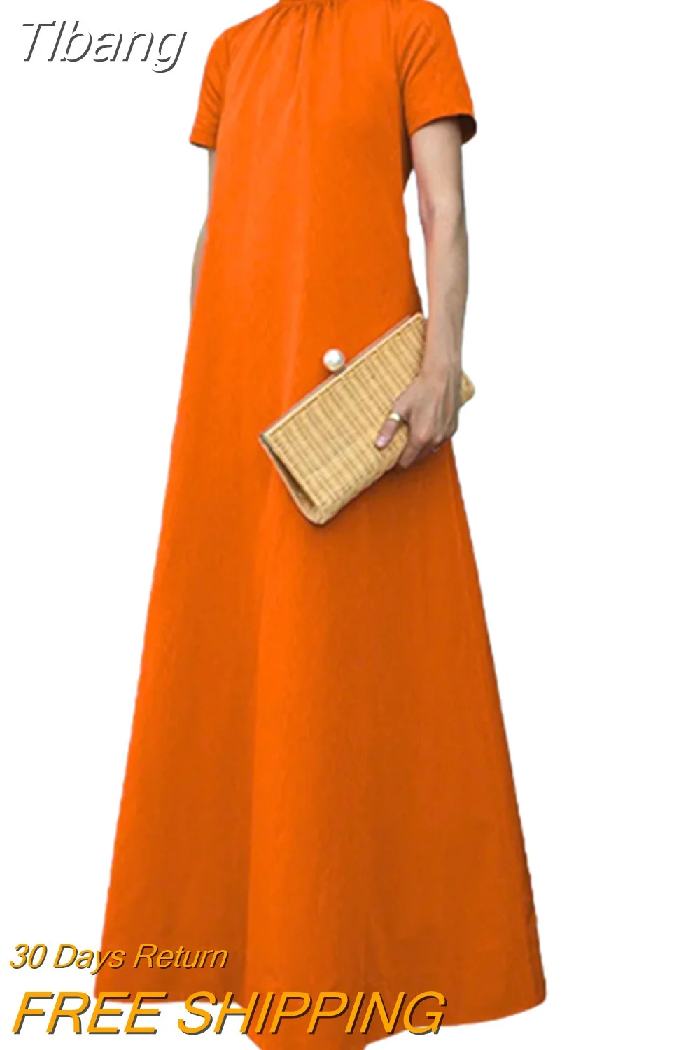 Tlbang Elegant Party Long Dresses Loose Short Sleeves Orange Solid Color High-Neck Maxi Dresses For Women 2023 New Summer