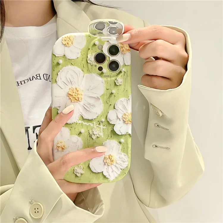 Oil Painting Green Flowers Phone Case With Hidden Mirror Stand