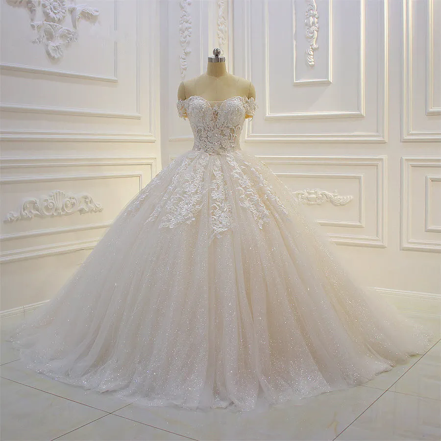 Stylish Off The Shoulder Sweetheart Satin Ball Gown with Long Sleeves