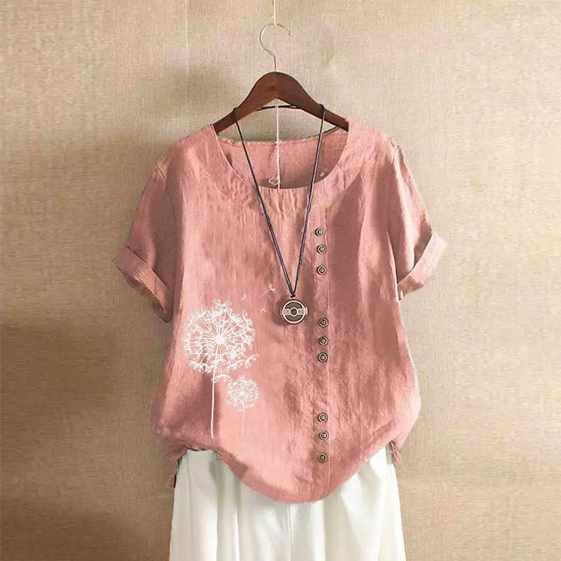 Wicketwarriorss Leisure Dandelion Print Blouse Lady Summer Retro Casual Loose Short Sleeved Pullover Cotton Linen Shirt For Women's Clothing
