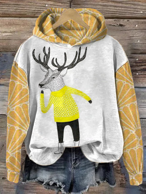 Women's Christmas Deer In Clothes Print Color Block Hoodie