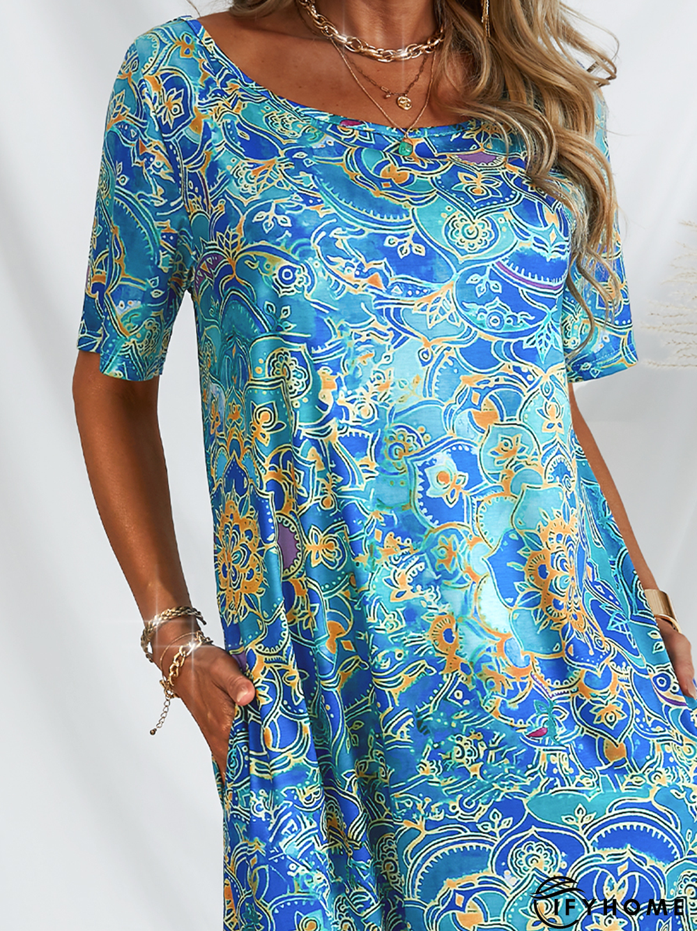 Short Sleeve Cotton-Blend Off-Shoulder Abstract Dresses | IFYHOME