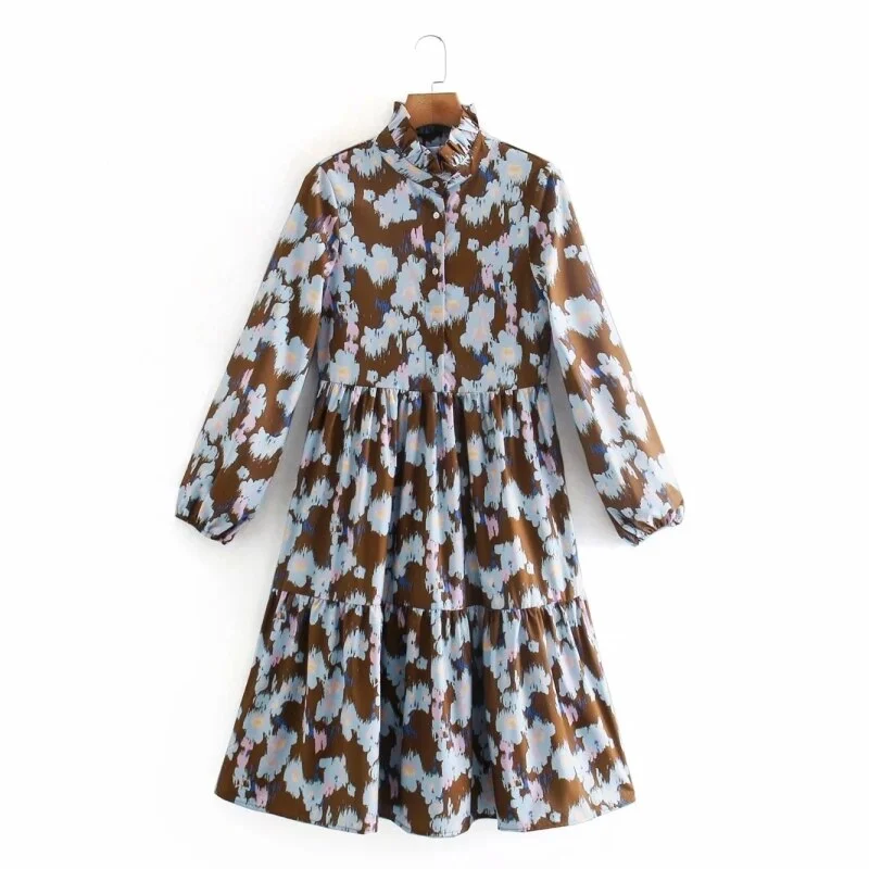 Women Halo Dyed Flower Printing Stand Collar Midi Dress Female Long Sleeve Ruffled Hem Clothes Casual Lady Loose Vestido D6811