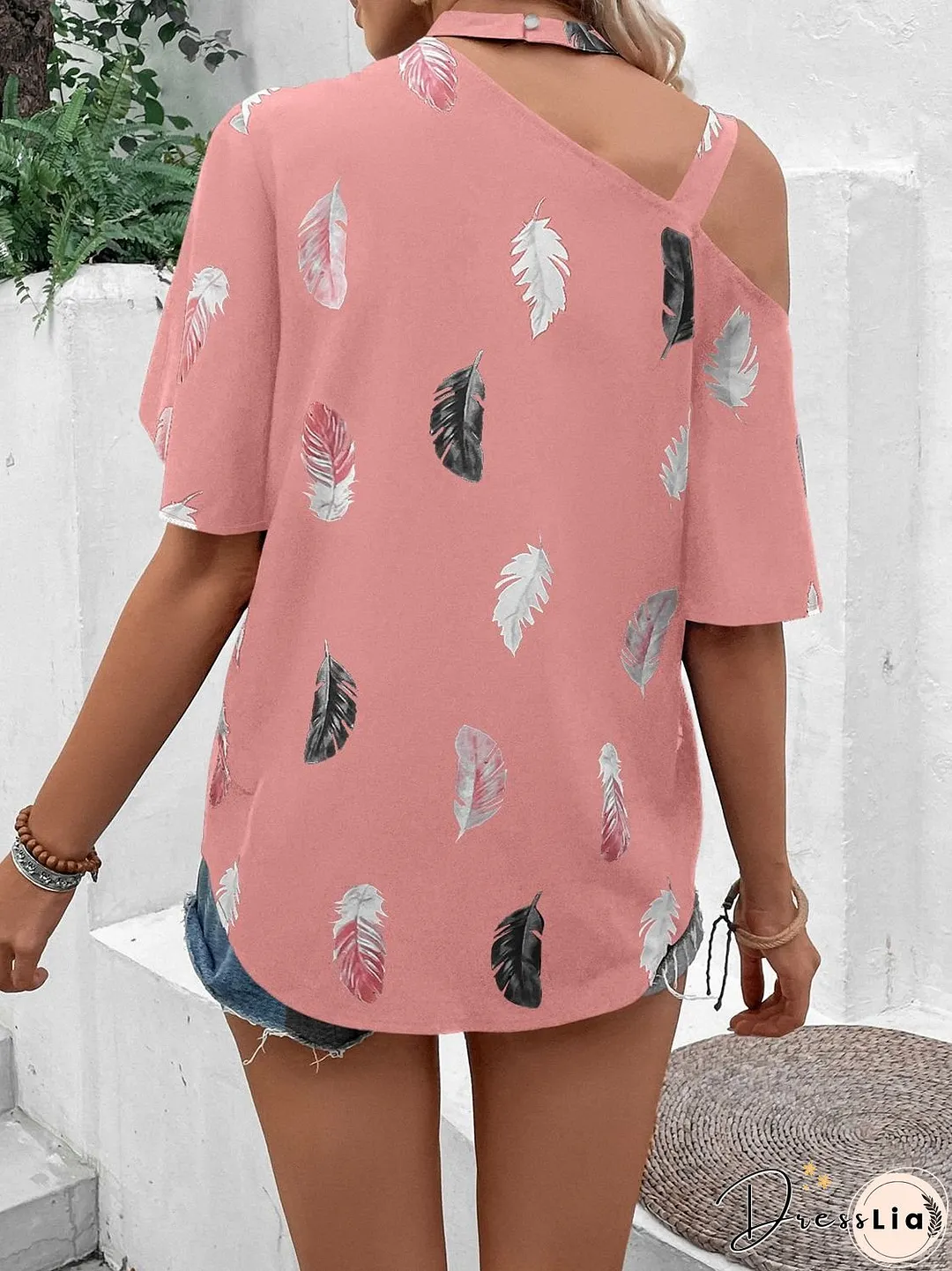 Asymmetrical One Shoulder Short Sleeve Printed Blouse