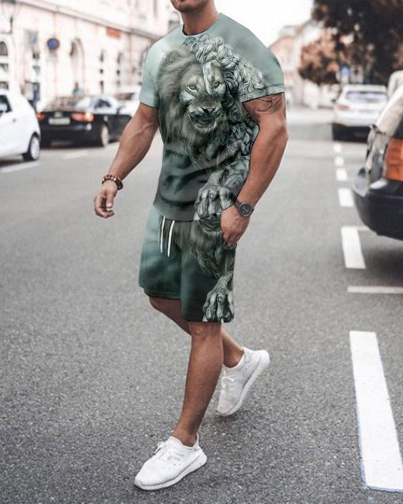 Men's Stone Lion Abstract Printed  Shorts Suit