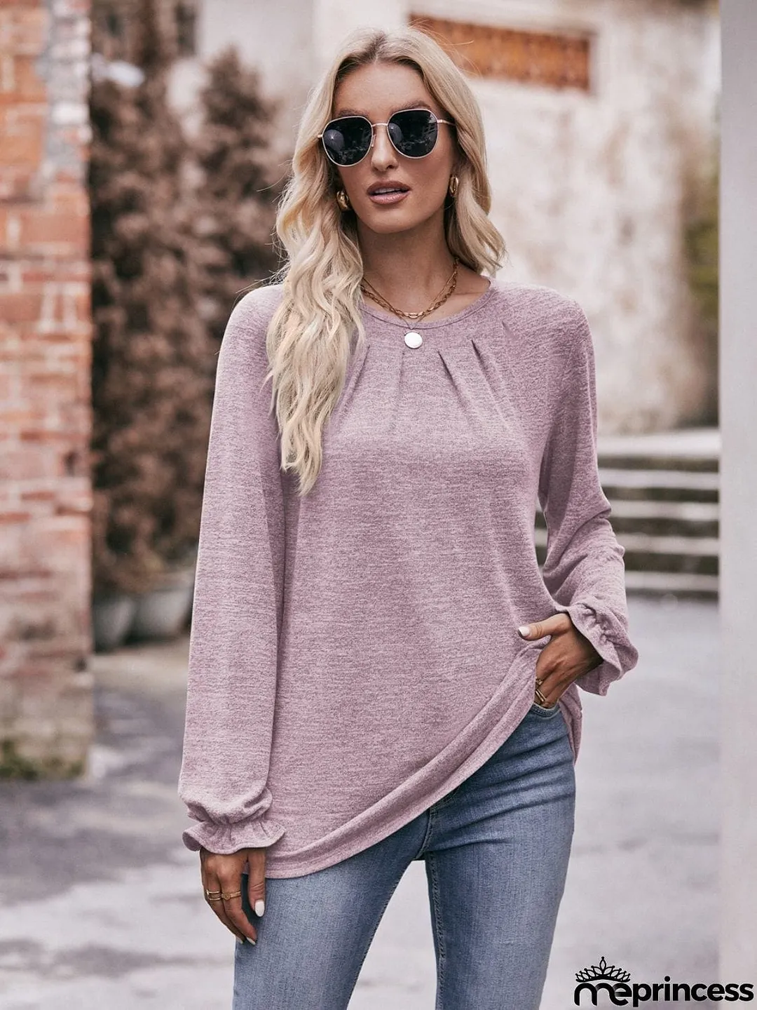 Long Flounce Sleeve Round Neck Blouse