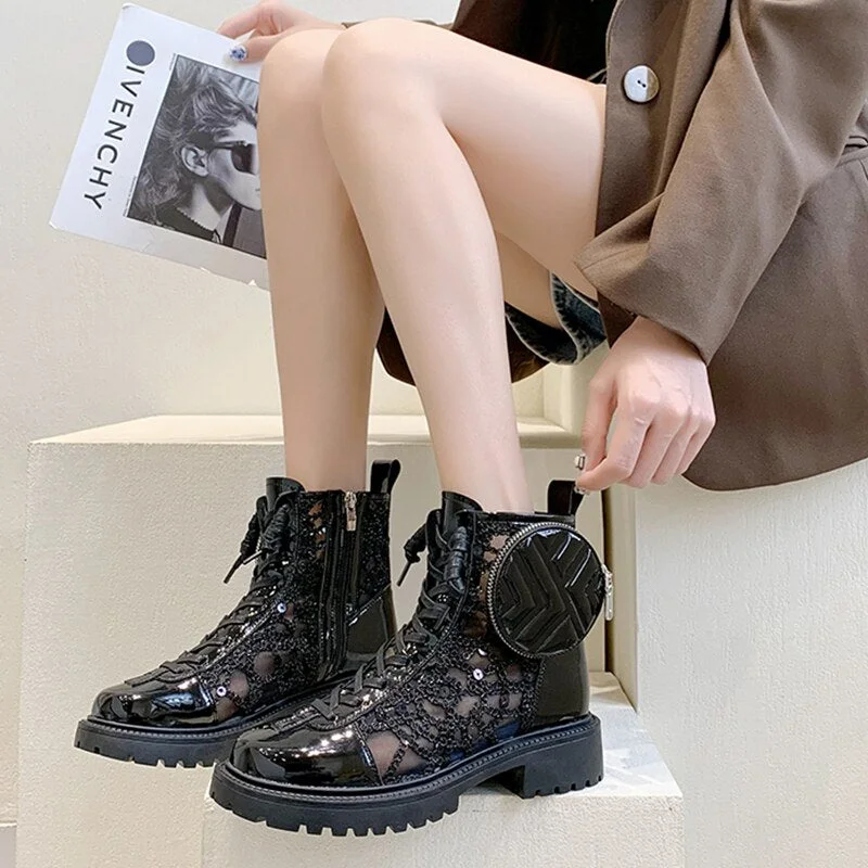 Spring Autumn New Coin Purse Designer Women Ankle Boots Leisure Black PU Mid Heel Ladies Shoes Open Zipper Chain Women Boots