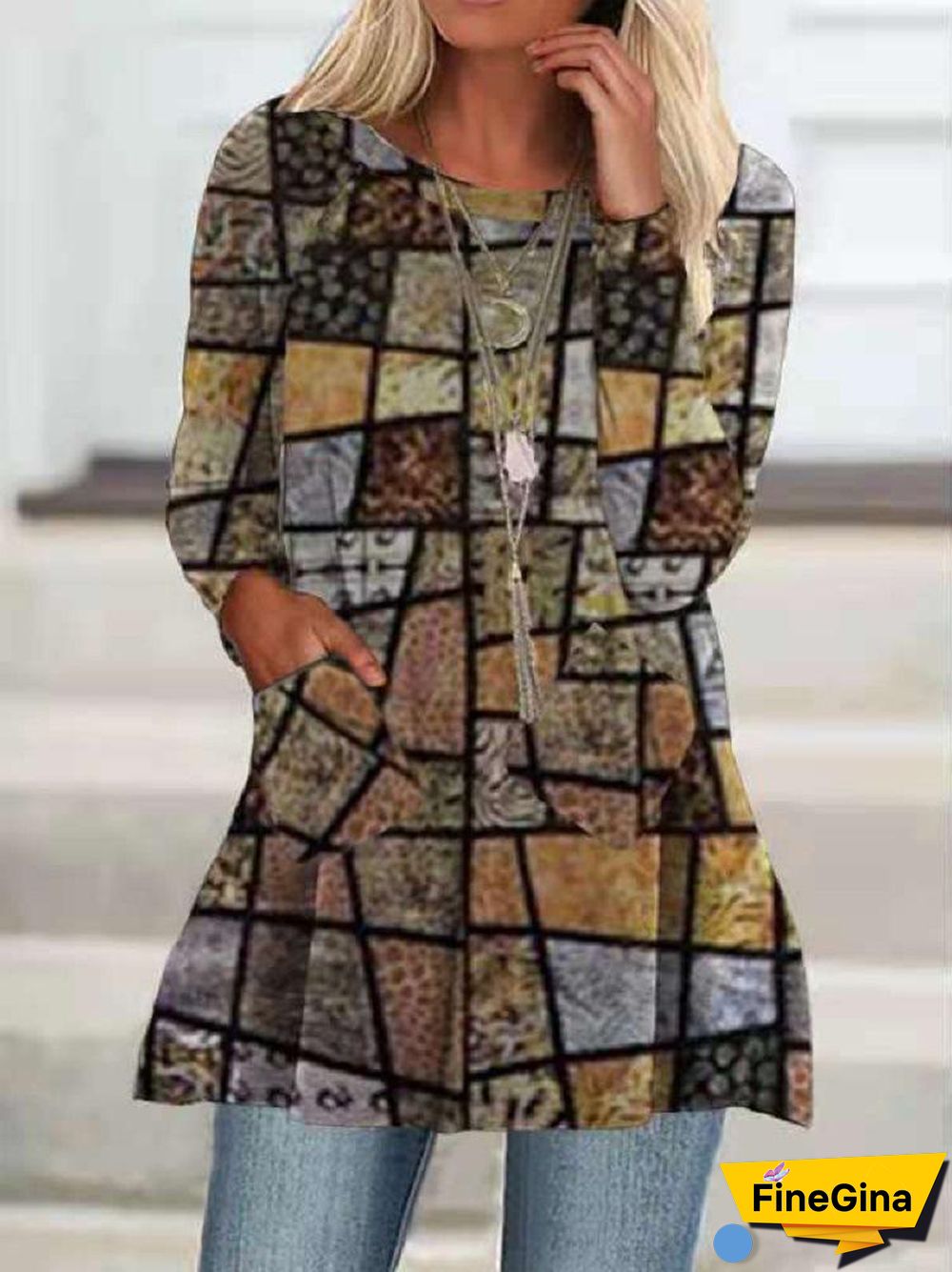 Women's Scoop Neck Long Sleeve Printed Tops with Pockets