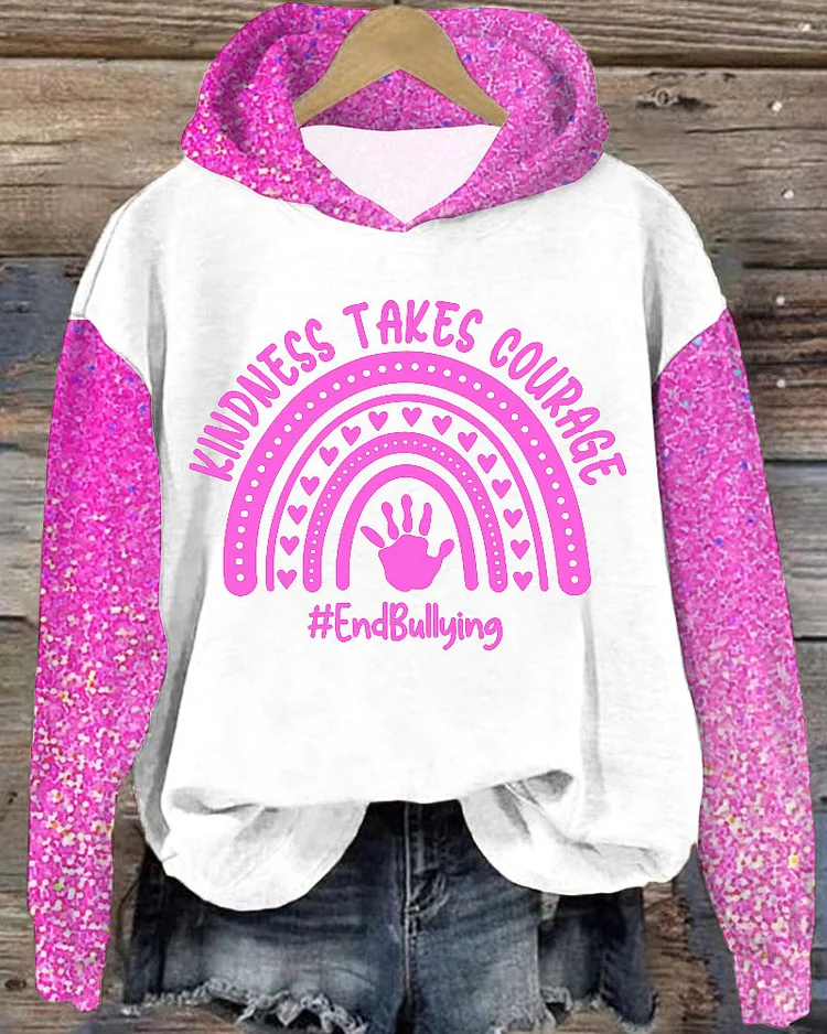 Women's Slogan Kindness Takes Courage End Bullying Print Pocket Long Sleeve Hooded