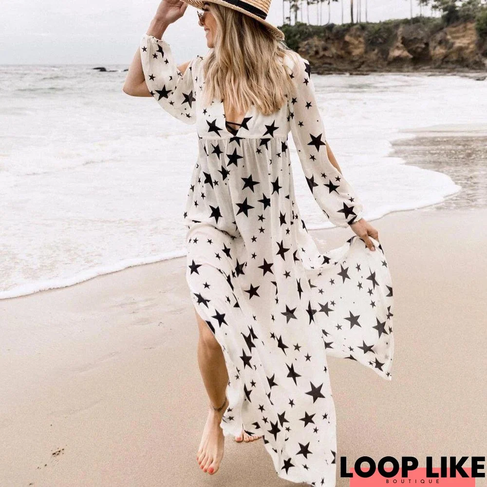 Retro Star Print Long Sleeve Split Maxi Dress White Dresses