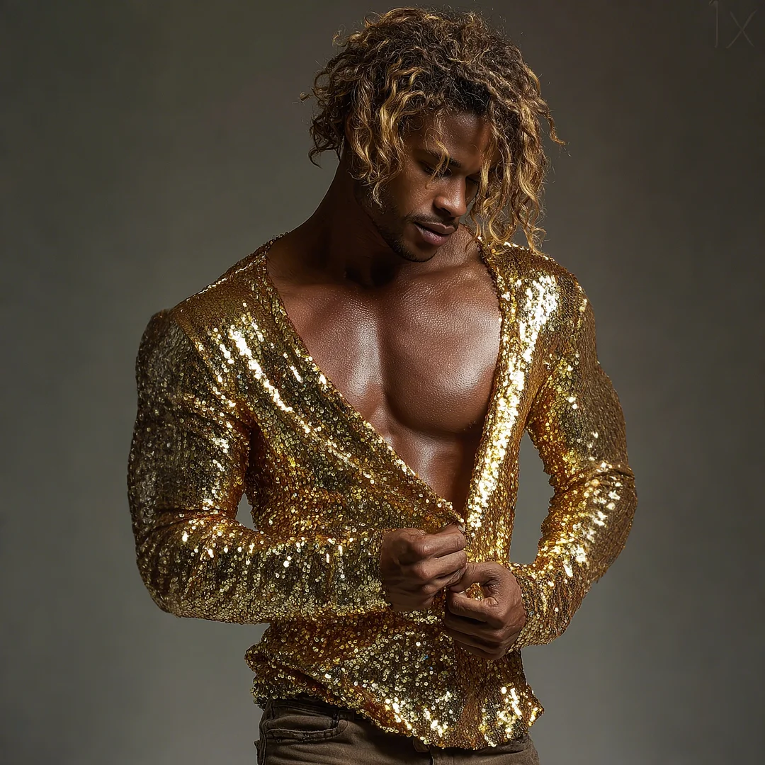 Men's Sequined Long-sleeved T-shirt With Subtle Shimmer, Sexy Low-cut Top-inspireuse