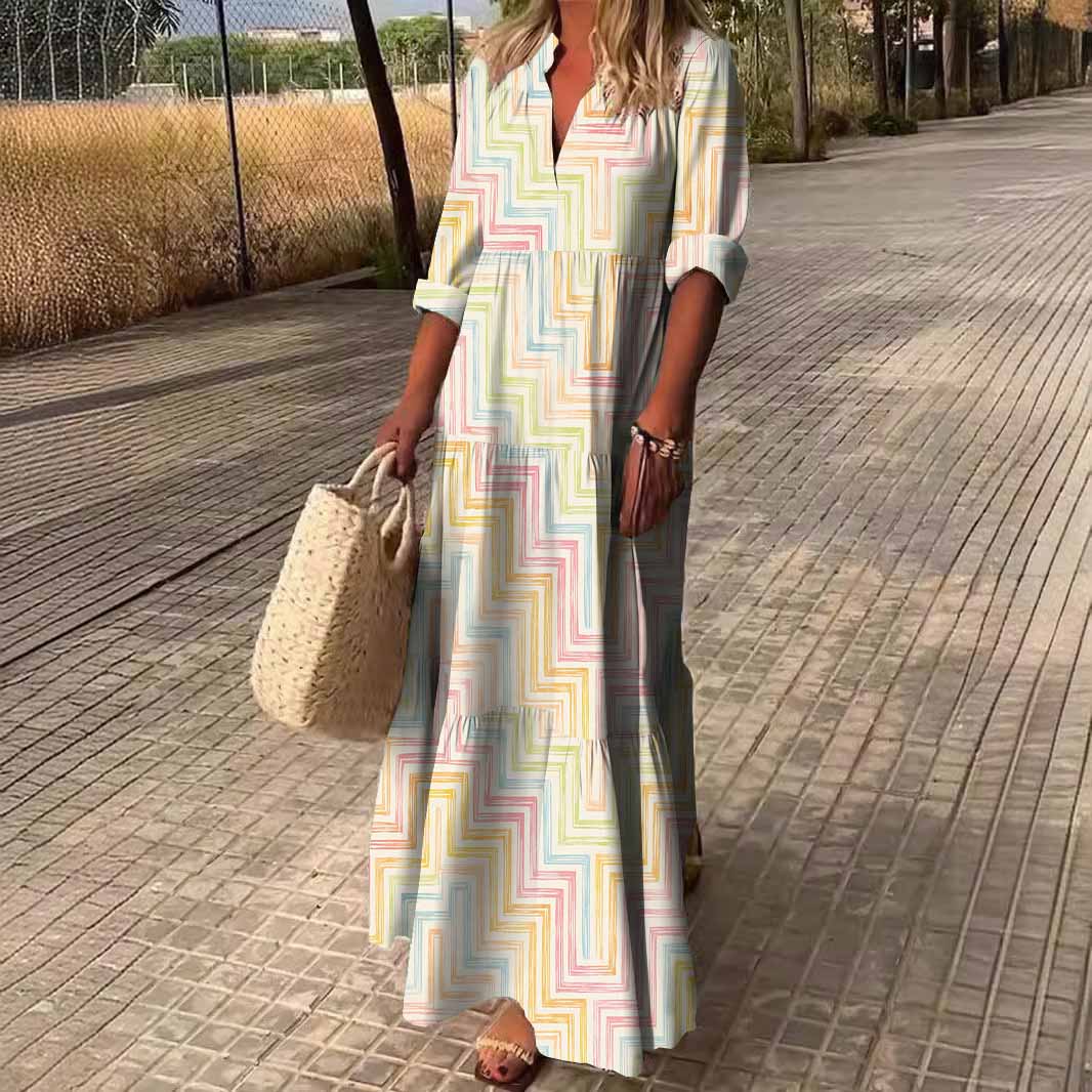 Women Geometric,Colorful DZDN0278 SPU Printed Long Sleeve V-neck Maxi Dress