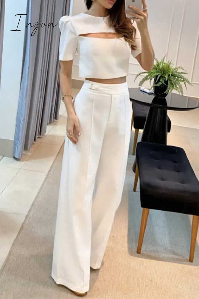 Ingvn - Casual Solid Hollowed Out O Neck Short Sleeve Two Pieces White / S Pieces/Two-Piece Pants