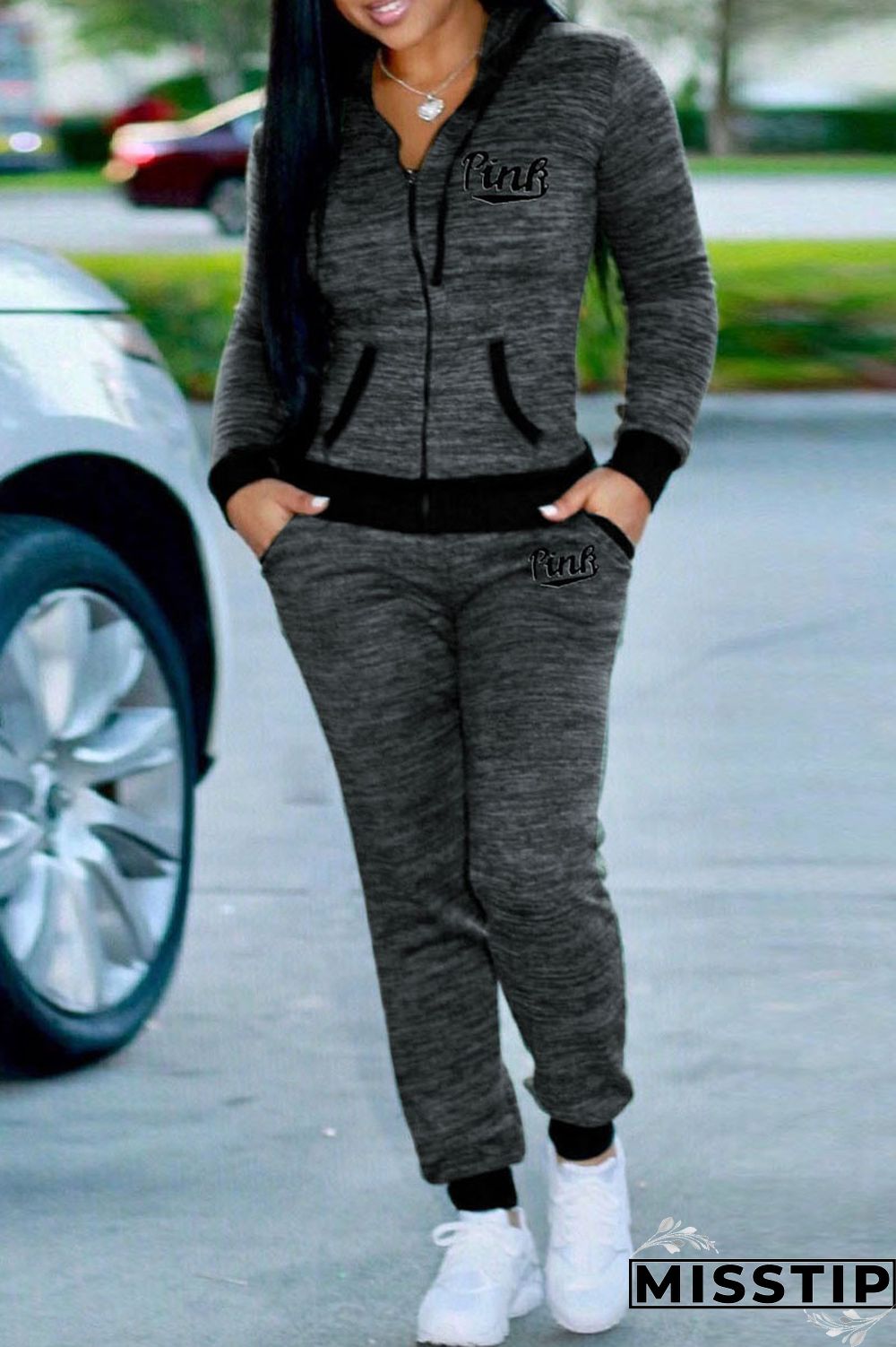 Blue Casual Sportswear Letter Print Patchwork Hooded Collar Long Sleeve Two Pieces