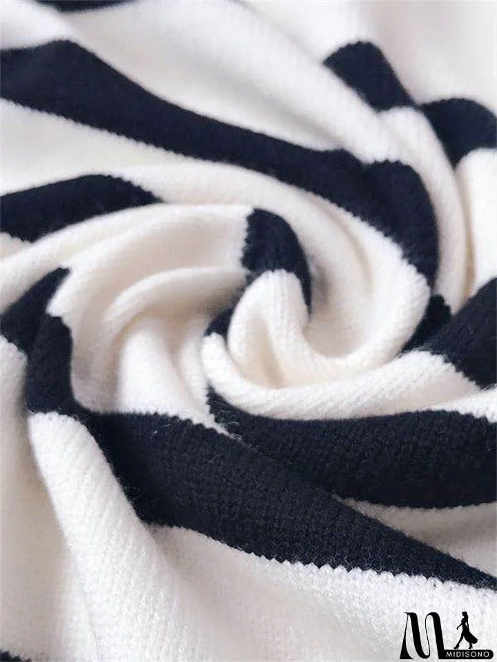 MidiSono - Women's Fashion Knitted Turtleneck Pullover Striped Sweater