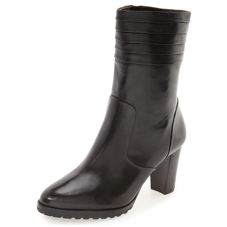 Black Women's Dress Boots Chunky Heel Mid Calf Boots |FSJ Shoes