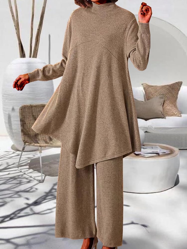 Irregular Beveled Loose Pullover Sweater Two-piece Summer Dress Simple Wide-leg Pants Suit socialshop