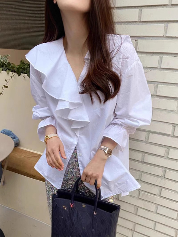 Ruffled Detail Balloon Sleeve Solid Color Loose Shirt
