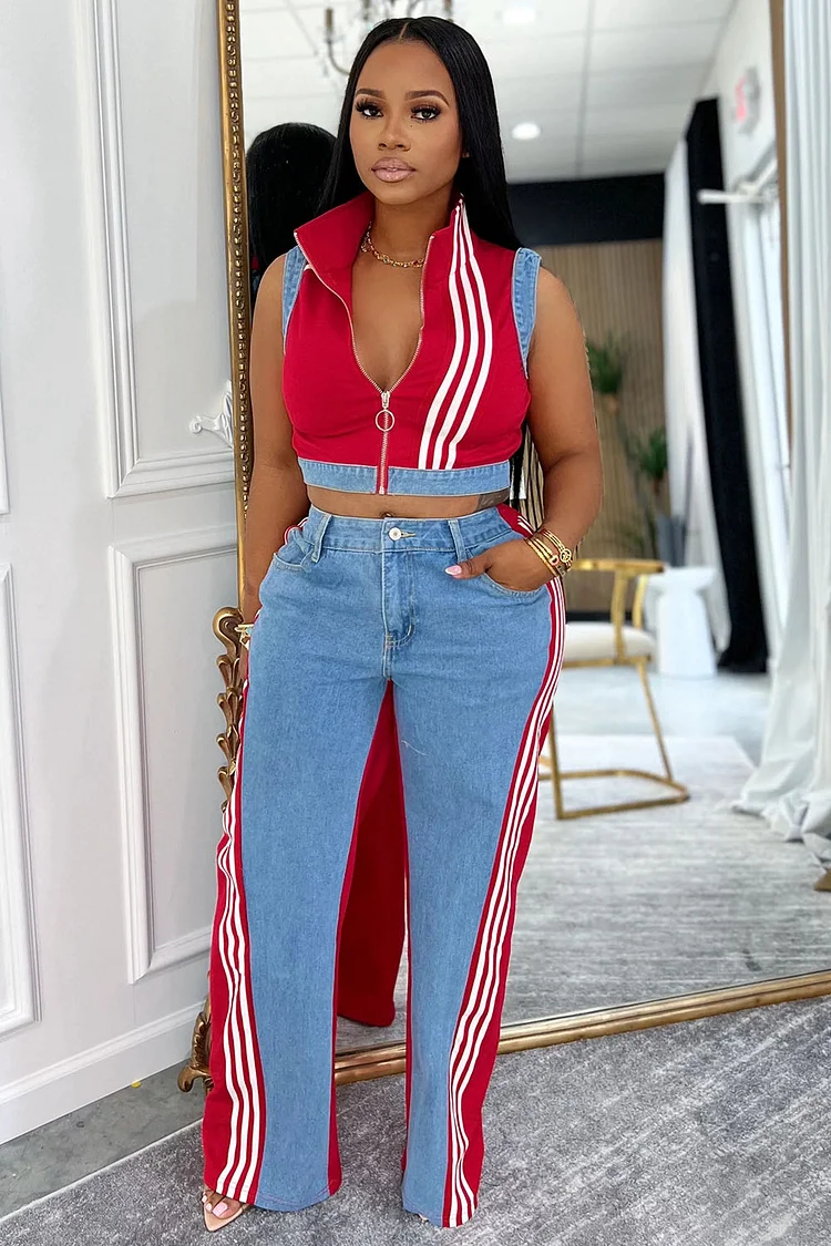 Zip-Up High Neck Vest Stripe Patchwork Denim Pants 2pcs Set-Red