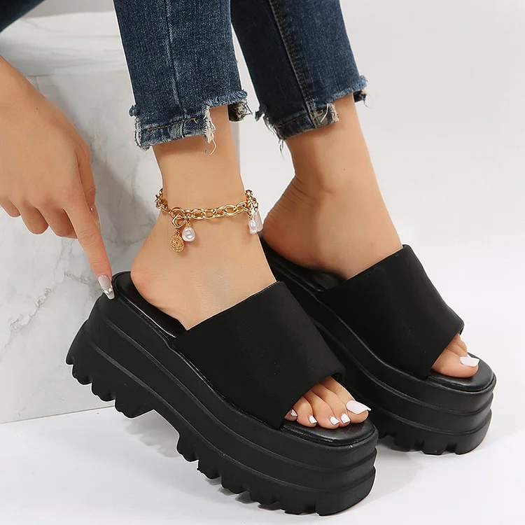 Casual Thick Flat PU Slippers-Black
