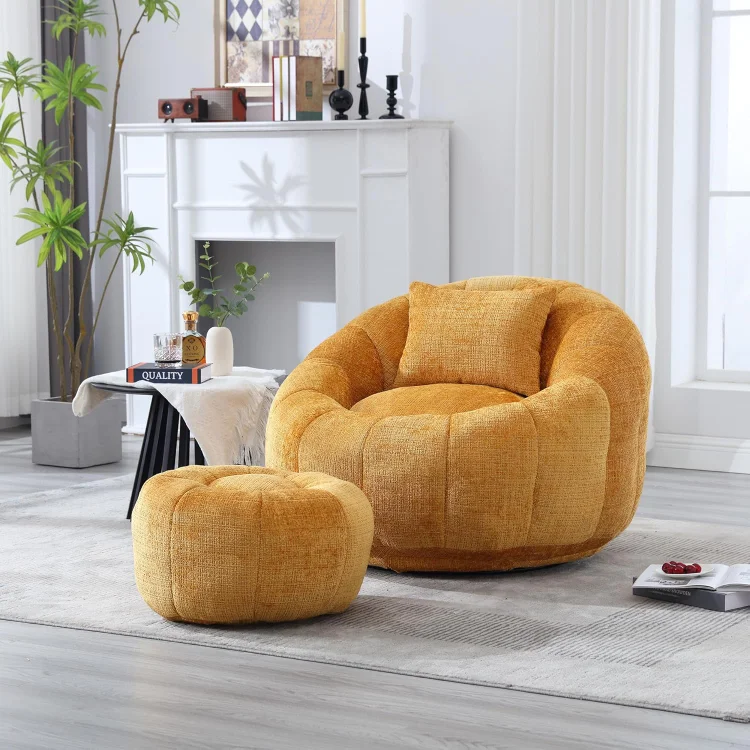 Modern Bean Bag Chairs, Comfy Round Chair for Adults with Ottoman, Leisure Single Sofa Reading Chair with Pillow for Living Room