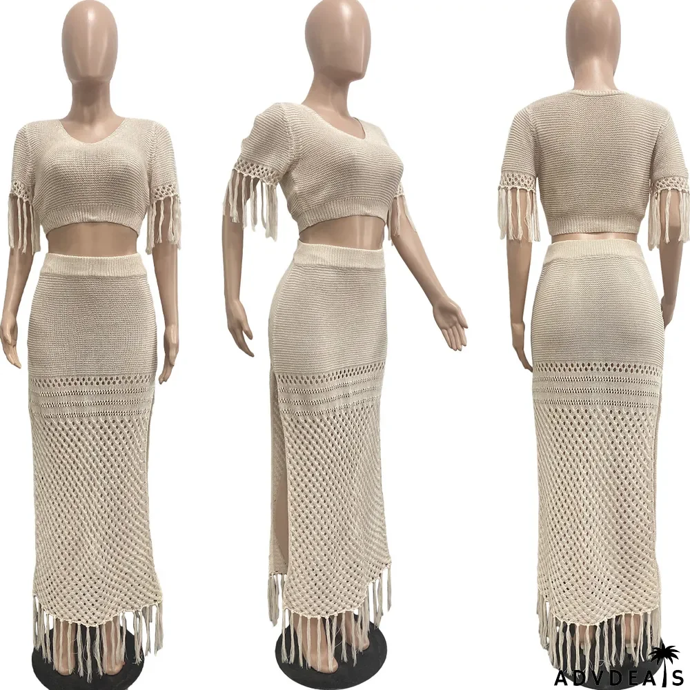 Ladies Casual Sexy Split Woolen Crochet Knitting Tassel Two-Piece Set