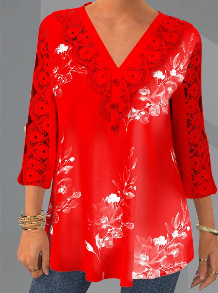Lace Patchwork V Neck Floral Print Blouse