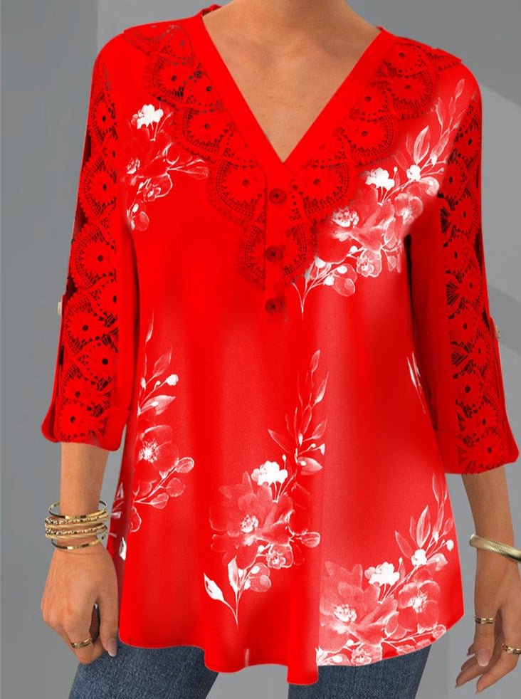 Lace Patchwork V Neck Floral Print Blouse