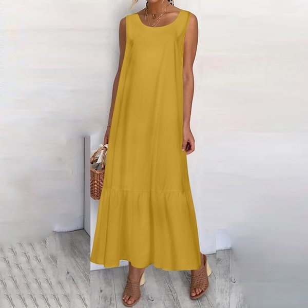 Summer Women Sleeveless Long Dress Ruffled Hem Cotton Linen Party Casual Loose Maxi Dress Plus Size - Shop Trendy Women's Fashion | TeeYours