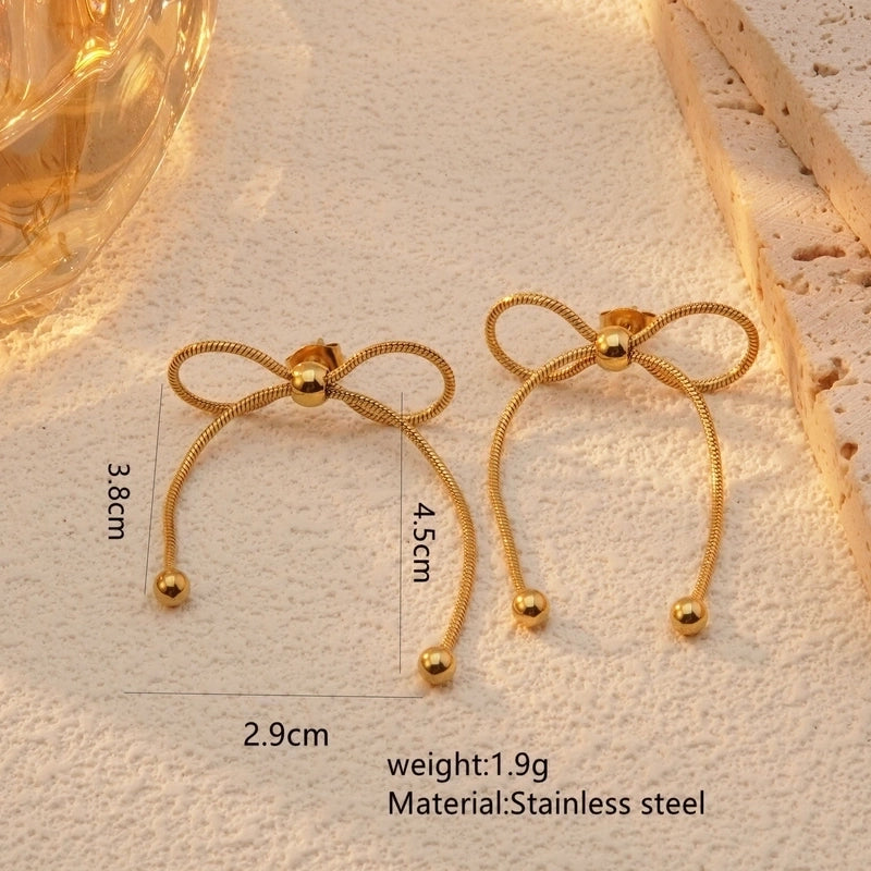 Lady French Style Bow Knot 304 Stainless Steel 18K Gold Plated Earrings Necklace Jewelry Set