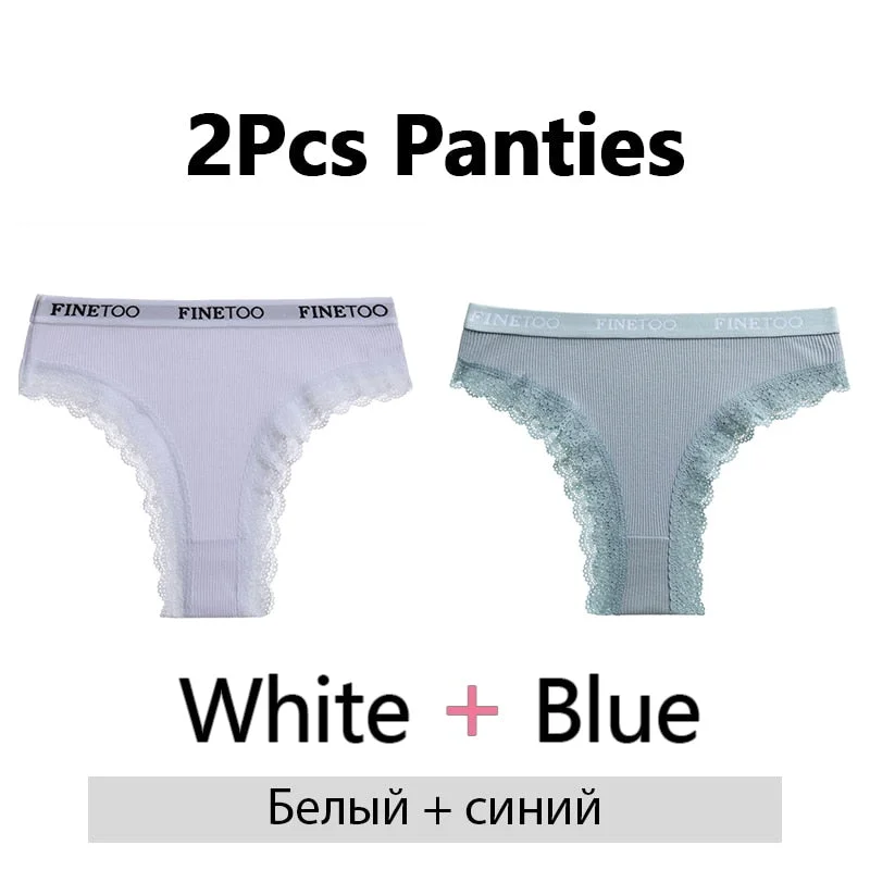 FINETOO 2Pcs/Set Cotton Panties for Women Sexy Ladies Lace G-string Solid Color Thongs Girls Plus Size M-2XL Underwear Lingerie