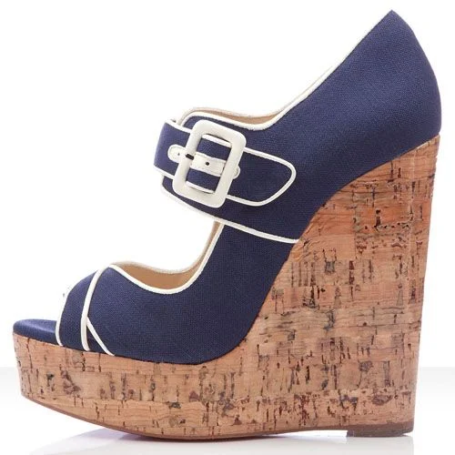 Navy Denim Cork Wedges Peep Toe Platform Heels Vdcoo