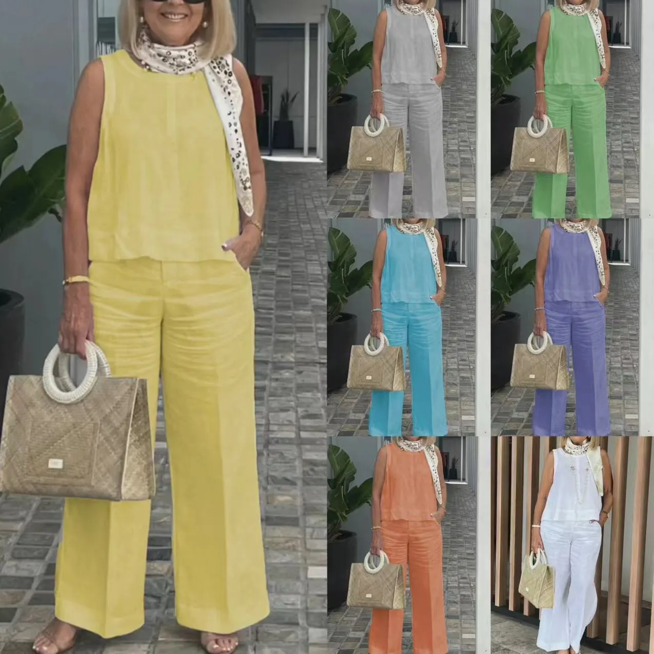 👗Women's Simple Breathable Set - Crew Neck Sleeveless Top and Wide Leg ...
